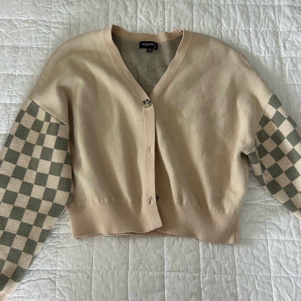 Philosophy Beige and Gray Checkered Cardigan